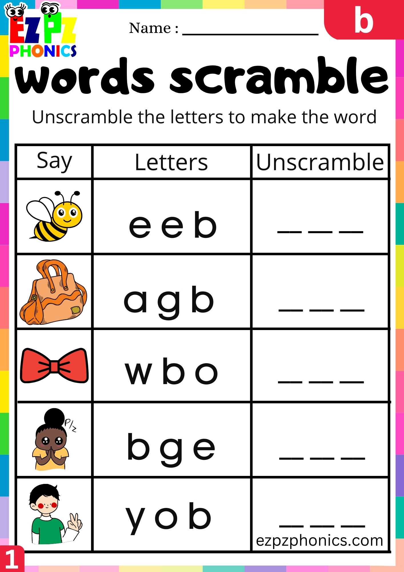 Letter B Words Scramble Beginning Sounds Worksheet - Ezpzphonics.com